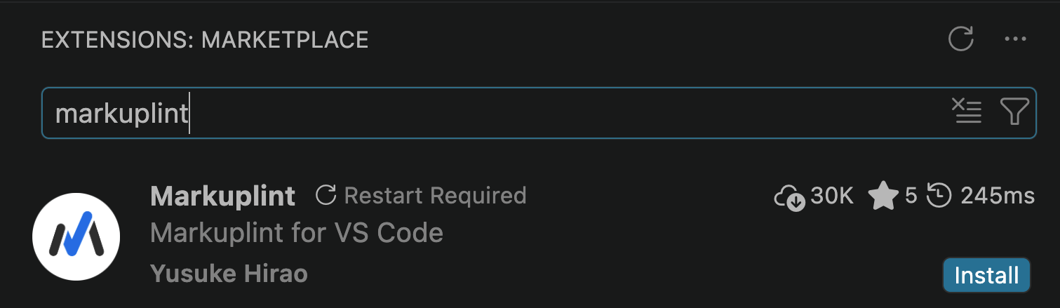 VS Codeの拡張機能パネル: 「markuplint」で検索するとYusuke Hirao作のMarkuplint拡張が表示される